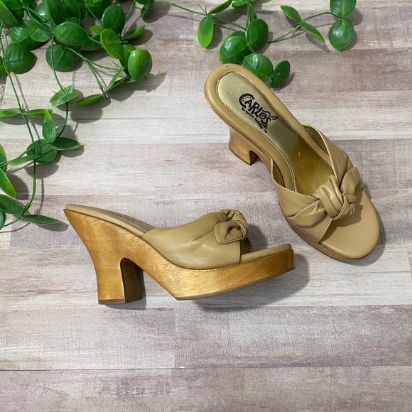 Vintage Shoes - Vintage Y2K Tan Carlos Santana Wooden Slip on Platform Heels